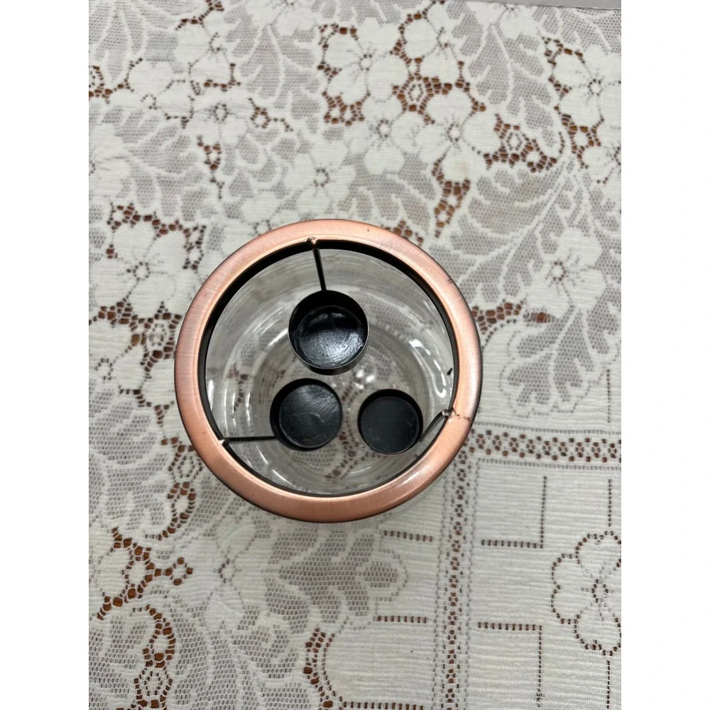 Frosted Stripe Glass Hurricane Candle Holder with 3 Tea Light Copper Insert 7